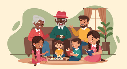 Happy multigenerational family playing games and reading together at home. Perfect for family, togetherness, and home concepts.