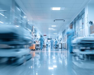 Fototapeta premium Blurred background of a hospital interior with medical equipment and people in motion Busy hospital corridor with medical professionals.