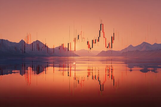 Sunrise over a serene lake, with financial charts reflected in the water - Powered by Adobe