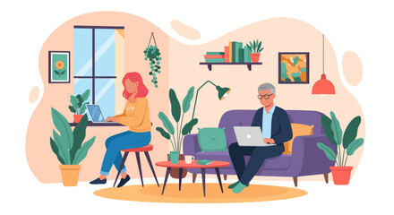 Modern illustration of two people working from home, perfect for blog posts or website banners about remote work.