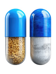 Two realistic medicine capsules blue and white on transparent background

