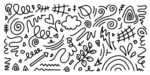 Cute line sketch leaves, arrow, cloud decoration element icon set. Hand drawn sketch doodle cute lightning, heart, rainbow. Line text decoration scribble shape icon. Hand drawn Vector illustration.