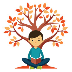 A young boy sitting cross-legged under a tree with autumn-colored leaves, engrossed in reading a book.