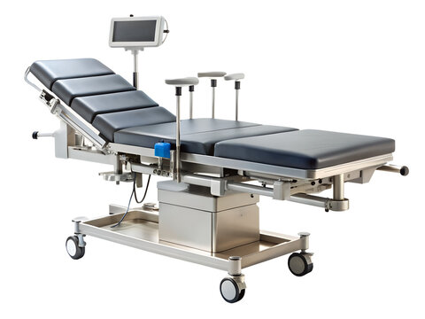 A modern surgical operating table is isolated on transparent background, ready for medical procedures in a hospital setting
