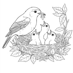 Drawing 2d exercise painting mother-of-baby-eating pictures in a vector nest	