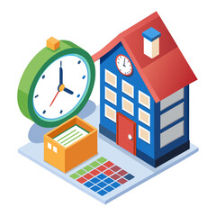 An illustration depicting a large green clock, a blue house with a red roof, a yellow box containing papers, and a grid of colorful squares, all on a light blue platform.