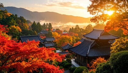 Kyoto autumn colors and rising sunlight