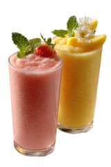 Two tropical smoothies pink banana strawberry and yellow mango on transparent background

