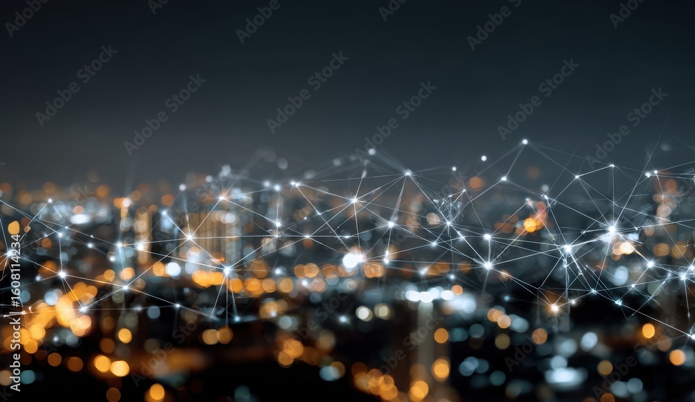 Poster abstract network connecting a blurred cityscape at night suggesting global communication and modern 