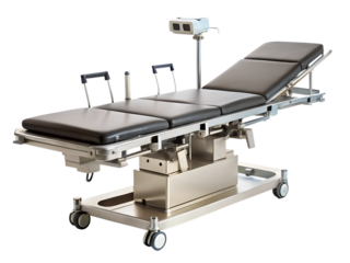 A modern operating table with adjustable features is isolated on transparent background, ready for surgical procedures in a hospital setting