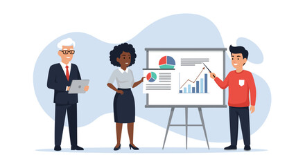 Fototapeta premium Diverse business team giving a presentation with charts and graphs, ideal for website landing pages or marketing brochures.