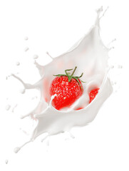 Ultra-clean food splash with separated fresh strawberry on transparent background

