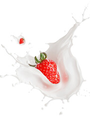 Ultra-clean food splash with separated fresh strawberry on transparent background

