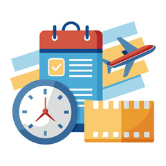An icon representing travel planning, featuring a calendar, an airplane, a clock, and a ticket or luggage tag.