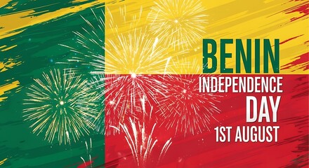 Benin Independence Day celebration on August 1st with a festive fireworks display over the national flag background.