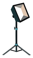 A stylized illustration of a professional studio light on a tripod, emitting a bright white light.