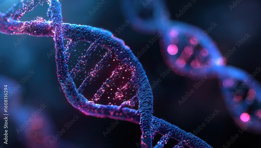 Poster abstract rendering of a double helix structure with vibrant blue and pink hues, representing genetic