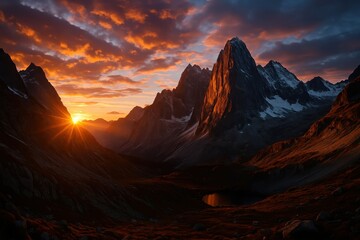 Naklejka premium Majestic dawn breaking over snow-capped mountain peaks painting sky in brilliant golden hues
