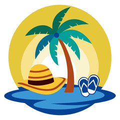 Tropical beach scene with a palm tree, straw hat, and flip-flops, set against a sunset.