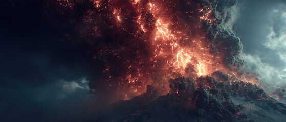 Fototapeta premium Cinematic wide shot of explosive volcanic eruption column with incandescent magma turbulence, colossal ash plume illuminated by volcanic lightning against chaotic darkness.