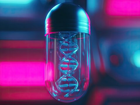 Futuristic DNA capsule in vibrant neon light