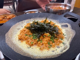 Korean Cheese Fried Rice with Mozzarella and Green Onion Garnish