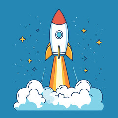 rocket launching up, vector flat line style concept illustration, vector style simple color