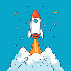 Fototapeta premium rocket launching up, vector flat line style concept illustration, vector style simple color
