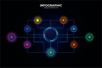 Glowing infographic diagram for business process flowcharts or studies. 9 buttons options. Infographic with thin, colorful lines for websites or data presentations. Connected technology for big data.