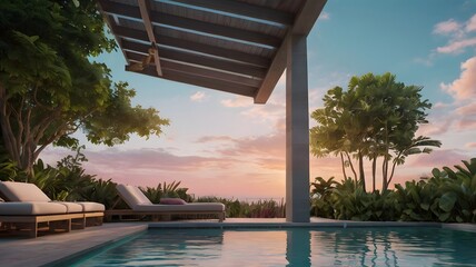 Tranquil Poolside at Sunset Under Pastel Skies