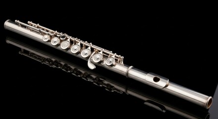 Obraz premium A shiny silver flute rests diagonally on a dark, reflective surface.