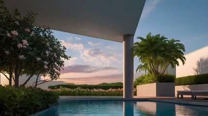 Tranquil Poolside at Sunset Under Pastel Skies