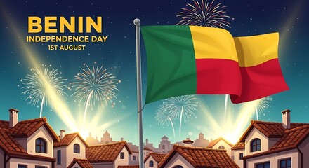 Patriotic celebration of Benin's Independence Day on August 1st with a waving flag, illuminated town, and festive night sky fireworks.