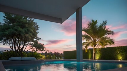 Tranquil Poolside at Sunset Under Pastel Skies