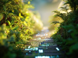 Lush pathway through a digital forest