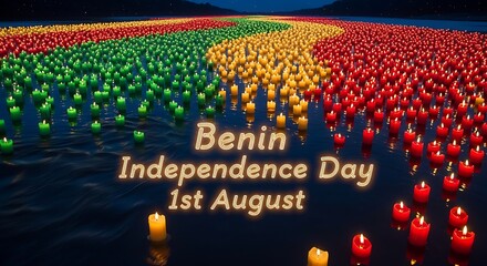 A vibrant river of floating candles in Benin's national colors, celebrating Independence Day. Serene memorial tribute on August 1st.