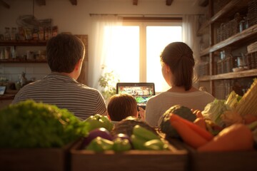 A family's warm moment: ordering groceries via tablet at home. Suburban delivery. Virtual grocery. City and home.