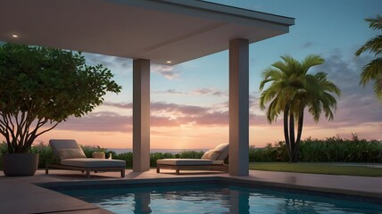 Tranquil Poolside at Sunset Under Pastel Skies
