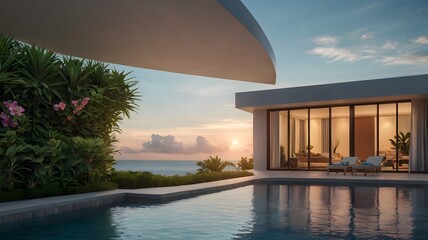 Tranquil Poolside at Sunset Under Pastel Skies