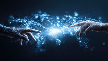 Two hands reaching, connected by a glowing, global network