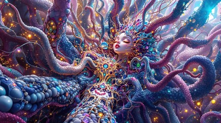 Obraz premium Dreamlike, mystical figure entwined with iridescent tentacles in a vibrant landscape