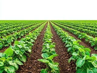 Vast farmland with neatly aligned rows of lush green crops extending to the horizon under clear sky
