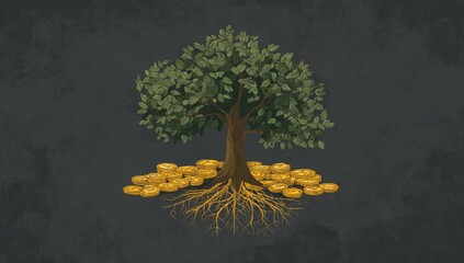 A stylized tree with gold coins at its roots on a dark textured background
