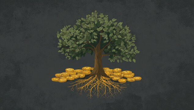 A stylized tree with gold coins at its roots on a dark textured background