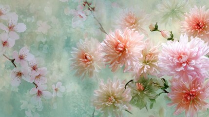 Serene Japanese-inspired composition: translucent cherry blossoms and chrysanthemums in blush and sage green, negative space with faint rice paper grain