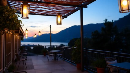 Fototapeta premium Dusk view of terrace with lantern lights turning on and calm atmosphere