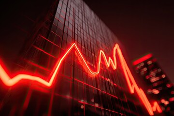 Neon red graph against dark glass skyscraper