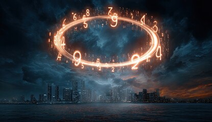 Digital ring over city at night