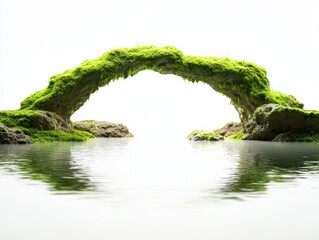 Fototapeta premium Natural moss covered arch bridge over calm water with reflection in a bright minimal landscape