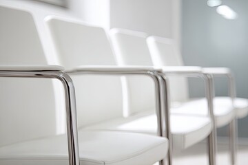 Rows of white chairs in a waiting area